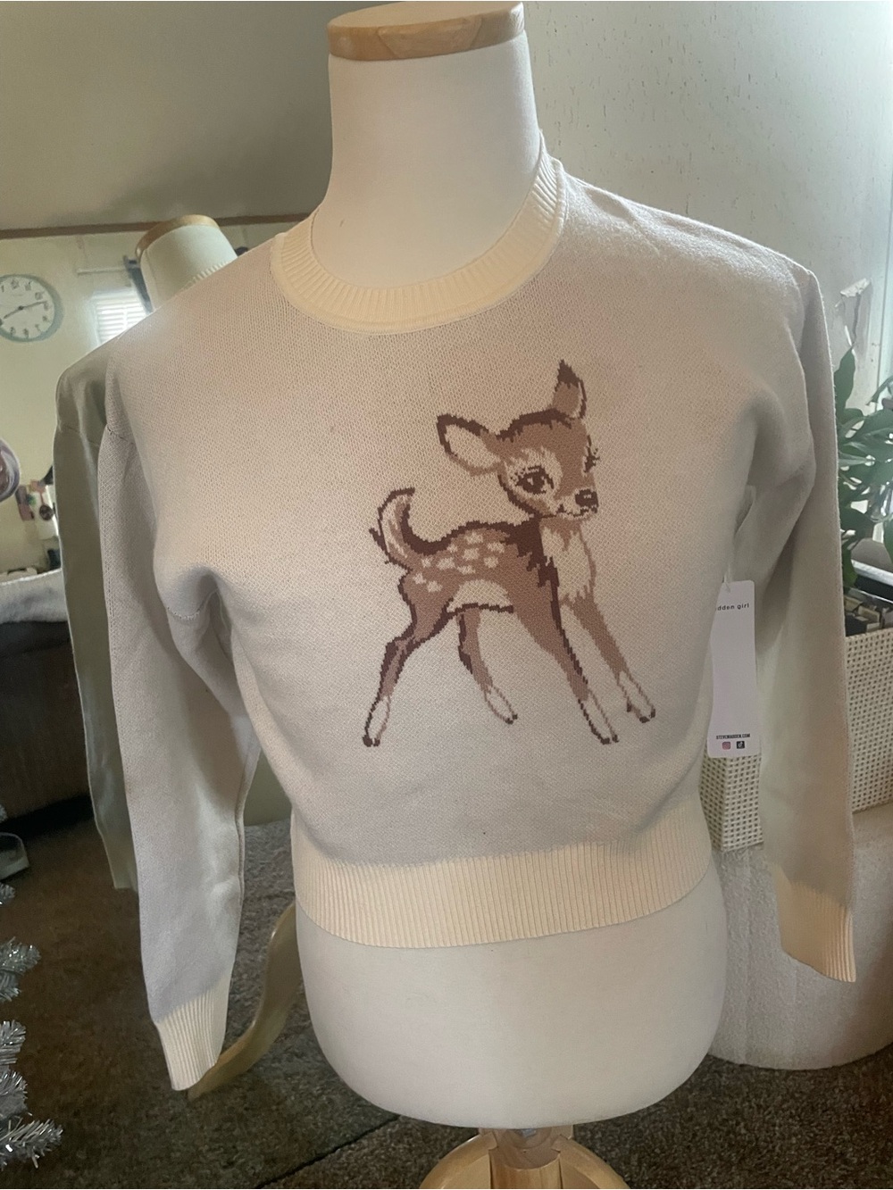 Madden Girl Cream Sweater with Brown Fawn Motif